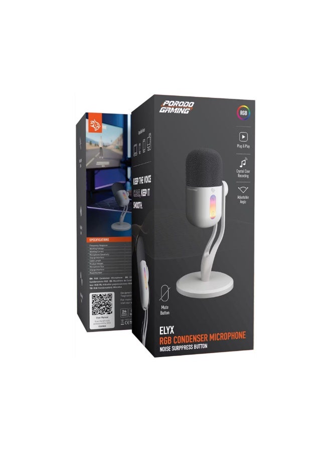 porodo Elyx RGB Condenser Microphone with Noise Suppress Button, Adjustable Angle, Crystal Clear Recording, Mute Button, High Sampling Rate, High-Quality Sound, Plug & Play - White - Image 4